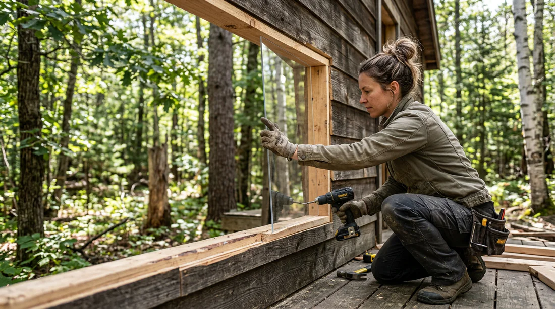 Bricoleur installant une vitre en plexiglas sur le mur en bois d'une cabane