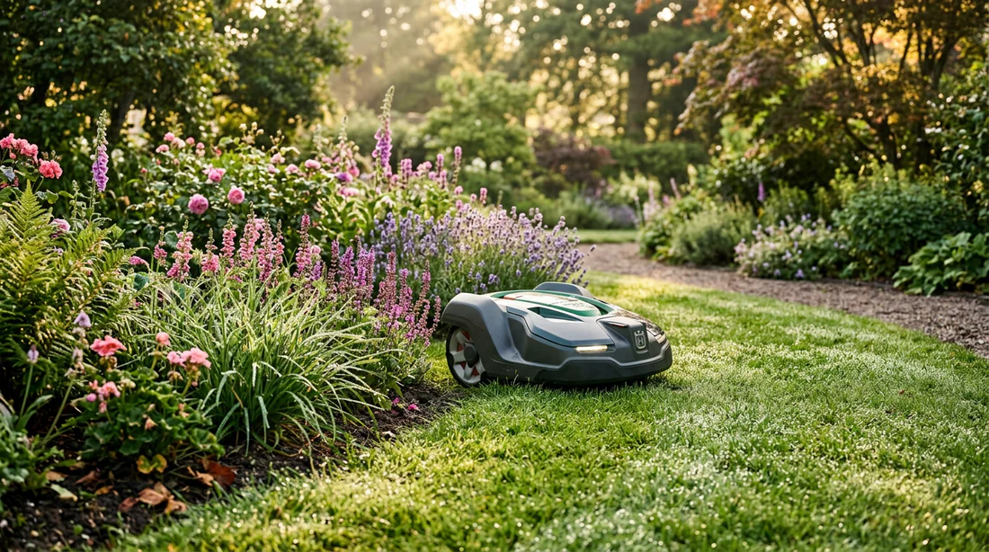 Tondeuse robot naviguant dans un jardin paysager au petit matin