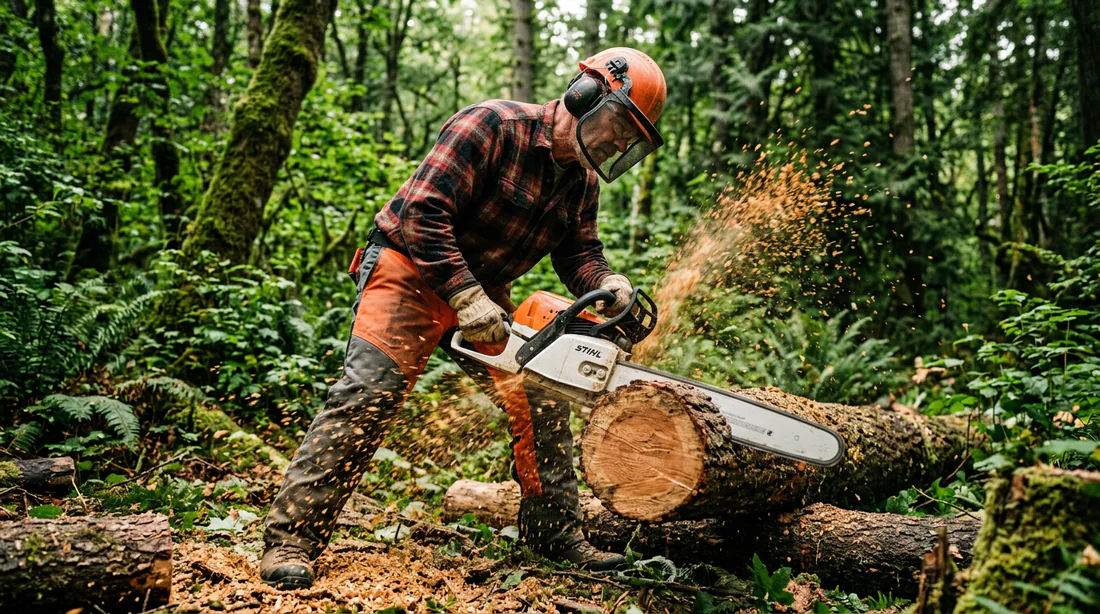 Utilisation d'une tronçonneuse pour couper du bois en forêt