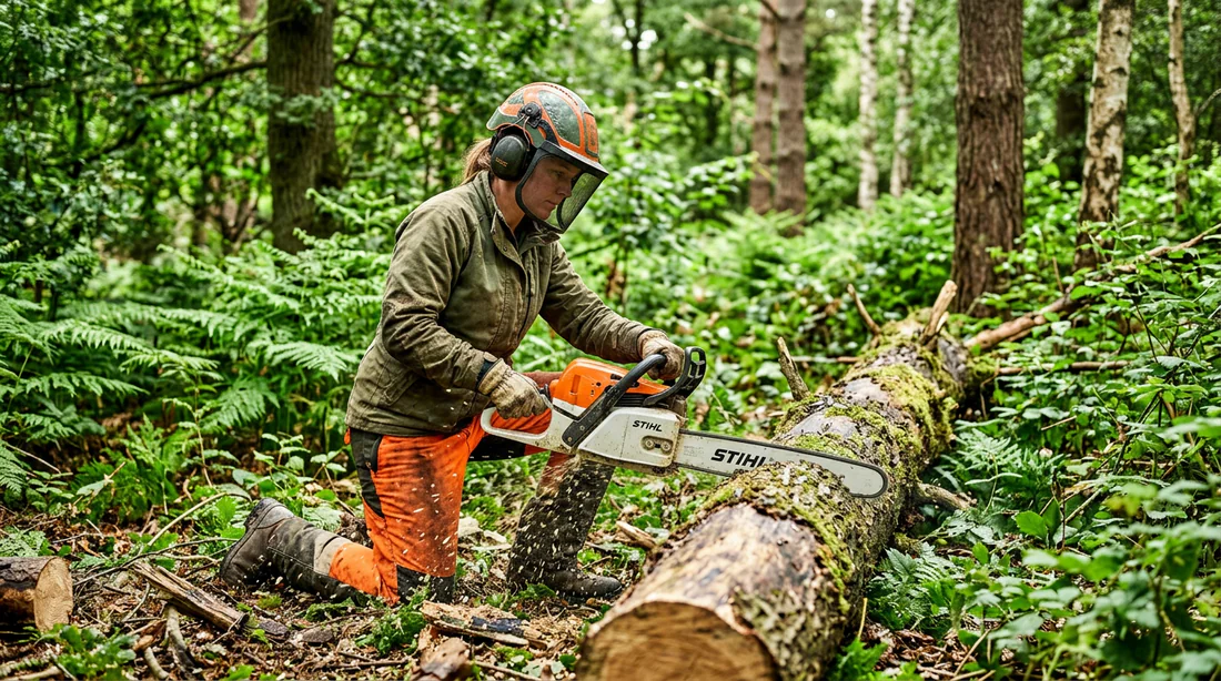Un utilisateur expérimenté manipulant une tronconneuse en plein air dans une forêt