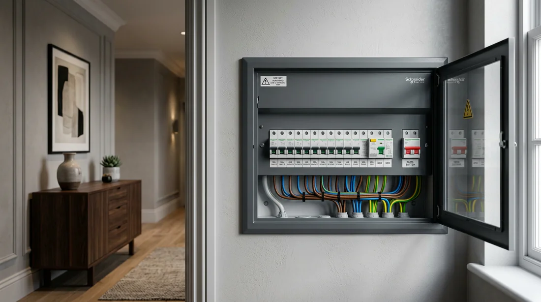 Vue d'ensemble d'un tableau électrique sécurisé dans une maison moderne