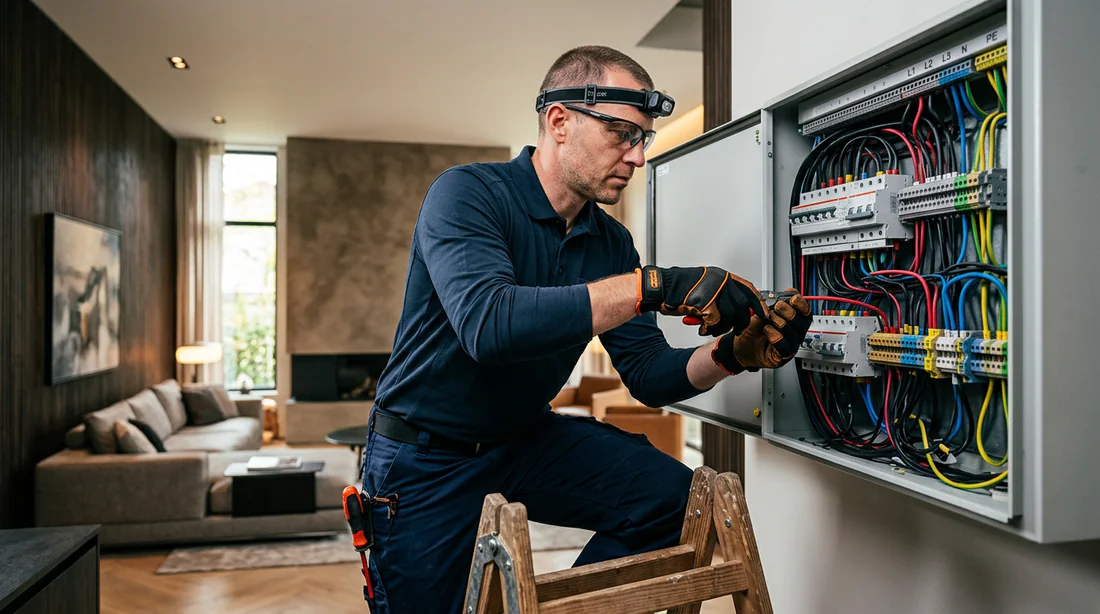 Électricien professionnel effectuant un raccordement électrique en toute sécurité