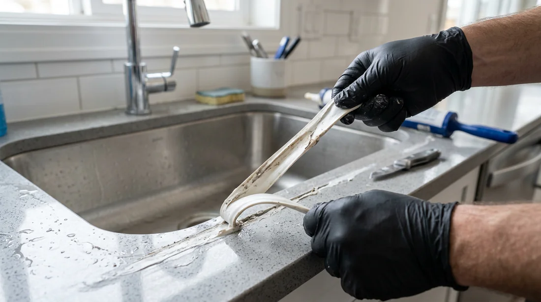 Retrait de la bande de silicone usagée de l'évier