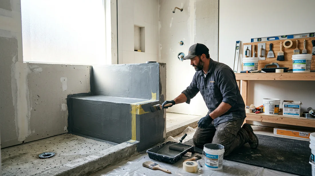 Artisan réalisant l'étanchéité d'une paillasse de douche sur mesure