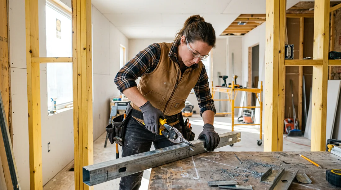 Artisan en train de préparer un rail placo pour un angle