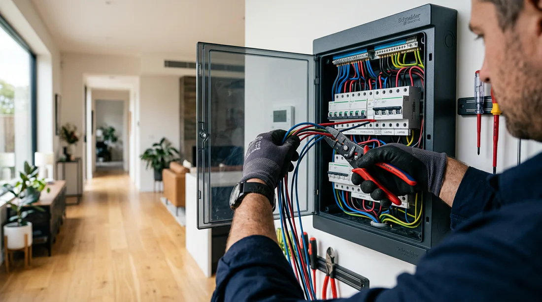 Électricien installant le télérupteur mang 41157 dans le tableau
