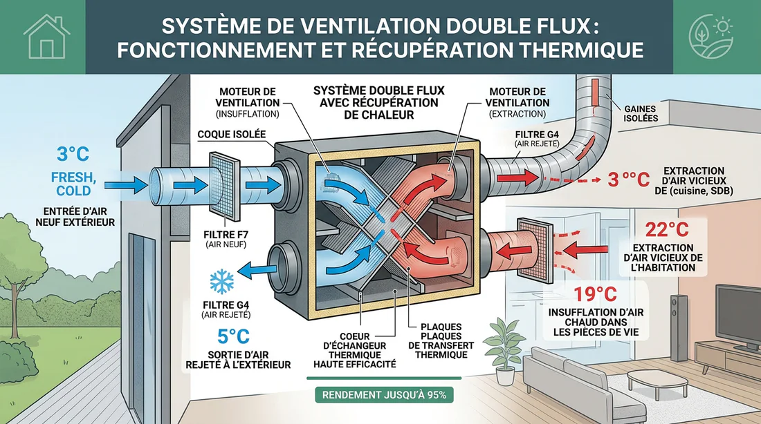 Schéma explicatif de l'échangeur thermique d'une VMC double flux