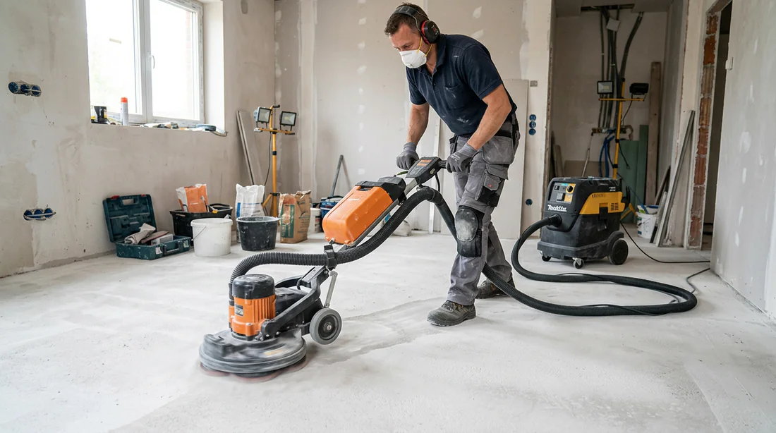 Ponçage d'une chape fluide séchée pour éliminer la pellicule de laitance avant la pose de carrelage.
