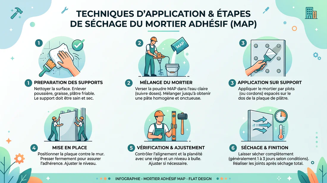 Infographie résumant les étapes de pose et le temps de séchage du mortier MAP