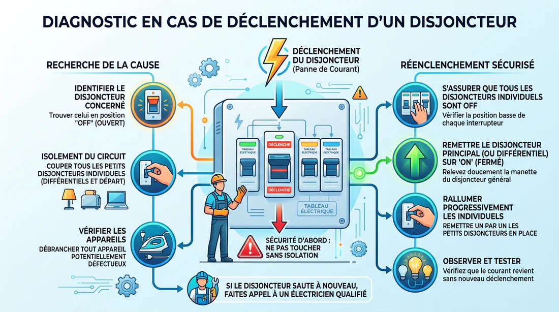 Infographie résumant les étapes de diagnostic en cas de disjoncteur qui saute