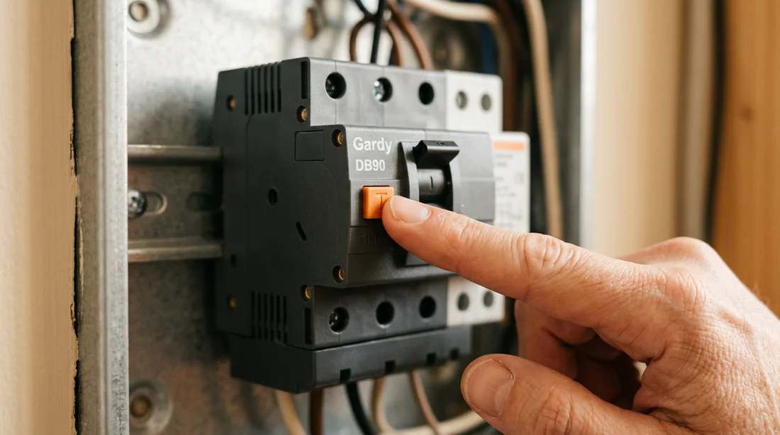 Main appuyant sur le bouton de test T du disjoncteur Gardy DB90 pour vérifier la sécurité