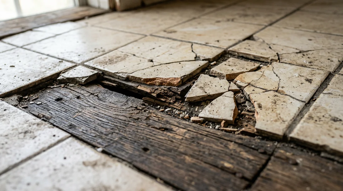 Fissure sur du carrelage posé sans désolidarisation sur un sol en bois.