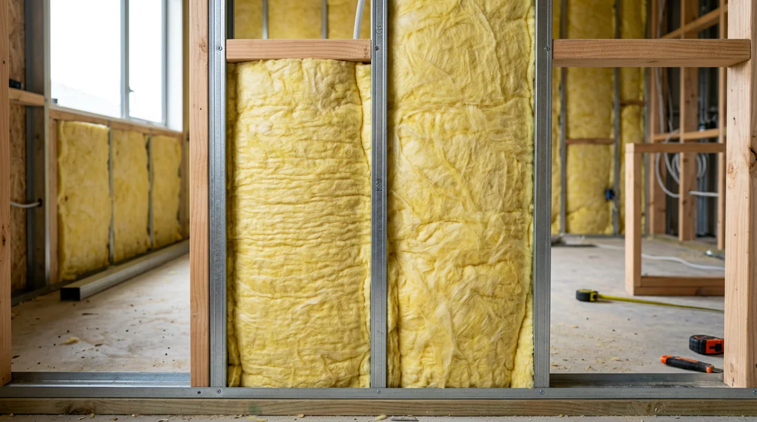 Panneaux de laine de verre semi-rigides installés dans l'armature d'un mur intérieur