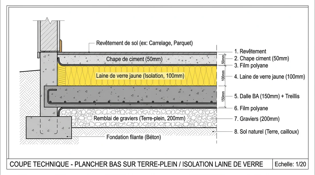 Schéma technique de la couche de laine de verre sous chape pour l'isolation des sols