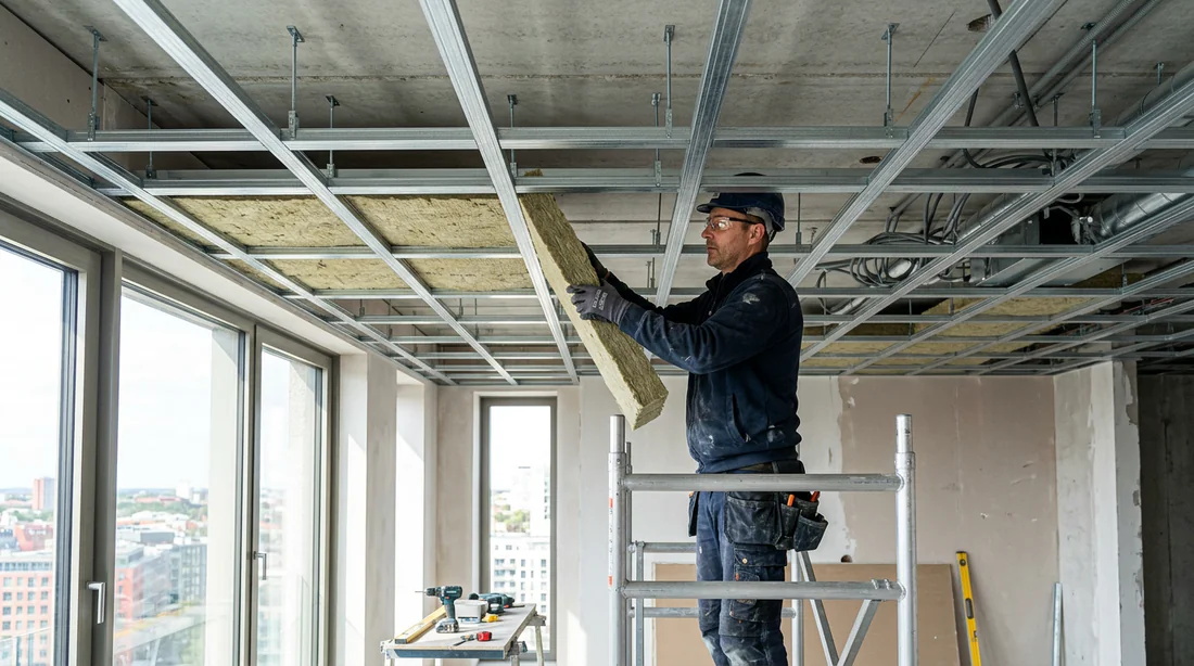 Artisan installant des panneaux de laine de roche dans la ossature métallique d'un faux plafond