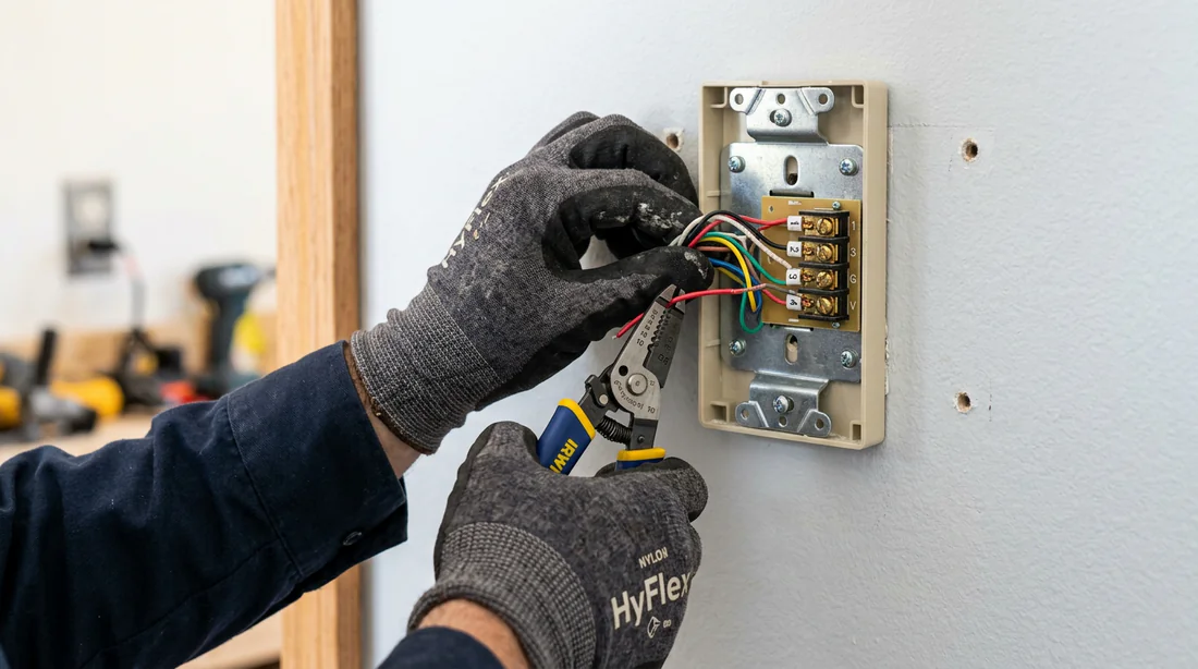 Électricien préparant les fils pour le raccordement de l'interphone