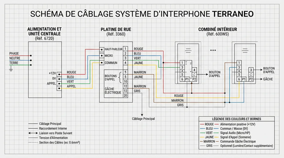 Schéma de câblage et correspondance des bornes pour interphone Terraneo