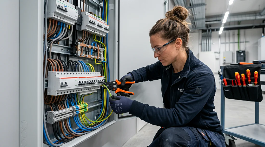 Électricien réalisant le branchement d'un télérupteur dans un tableau de répartition