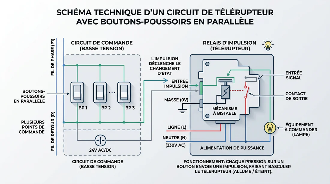 Schéma électrique du raccordement des boutons-poussoirs au télérupteur