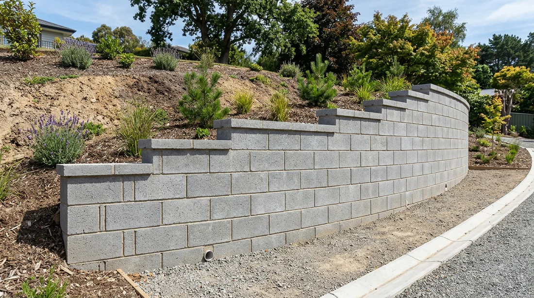 Mur de soutènement réalisé en blocs à bancher en béton.