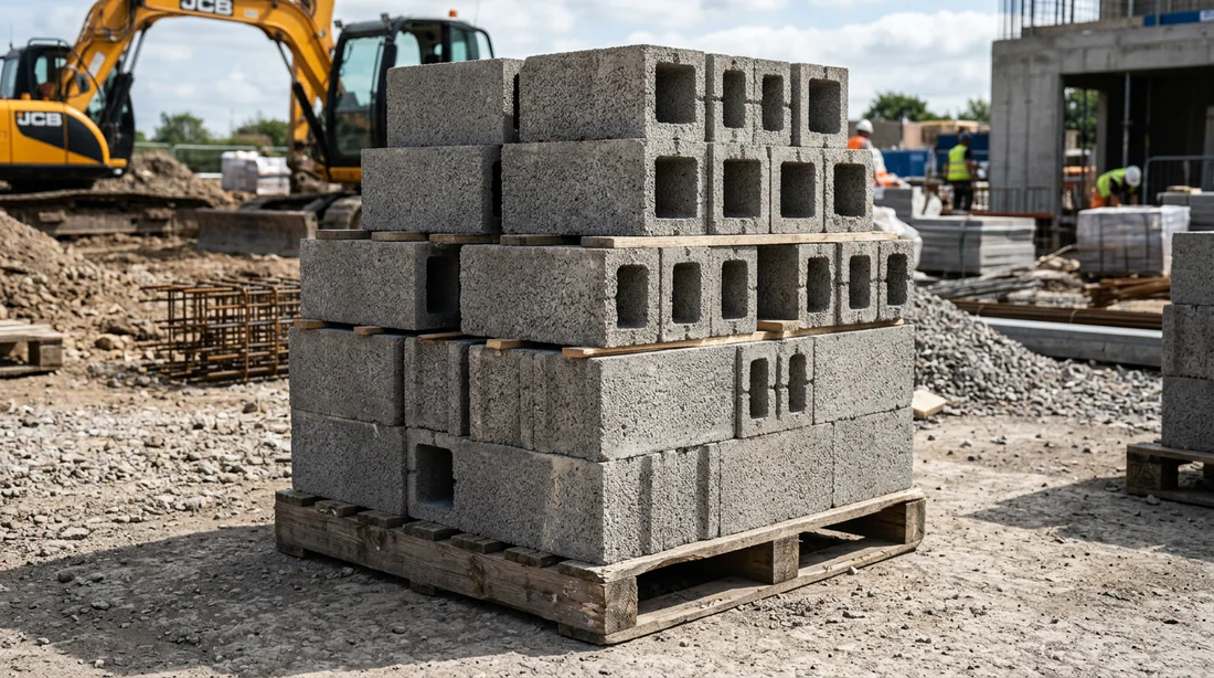 Palette de blocs à bancher en béton sur un chantier.
