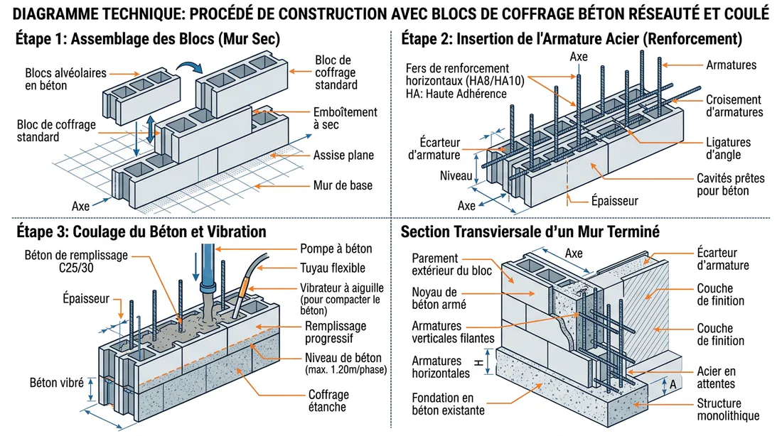 Schéma technique explicatif du montage et du coulage de béton dans les blocs à bancher.