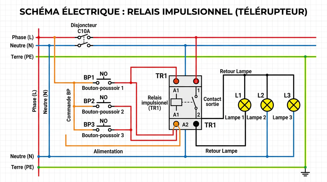 Schéma de câblage d'un télérupteur électrique avec boutons-poussoirs